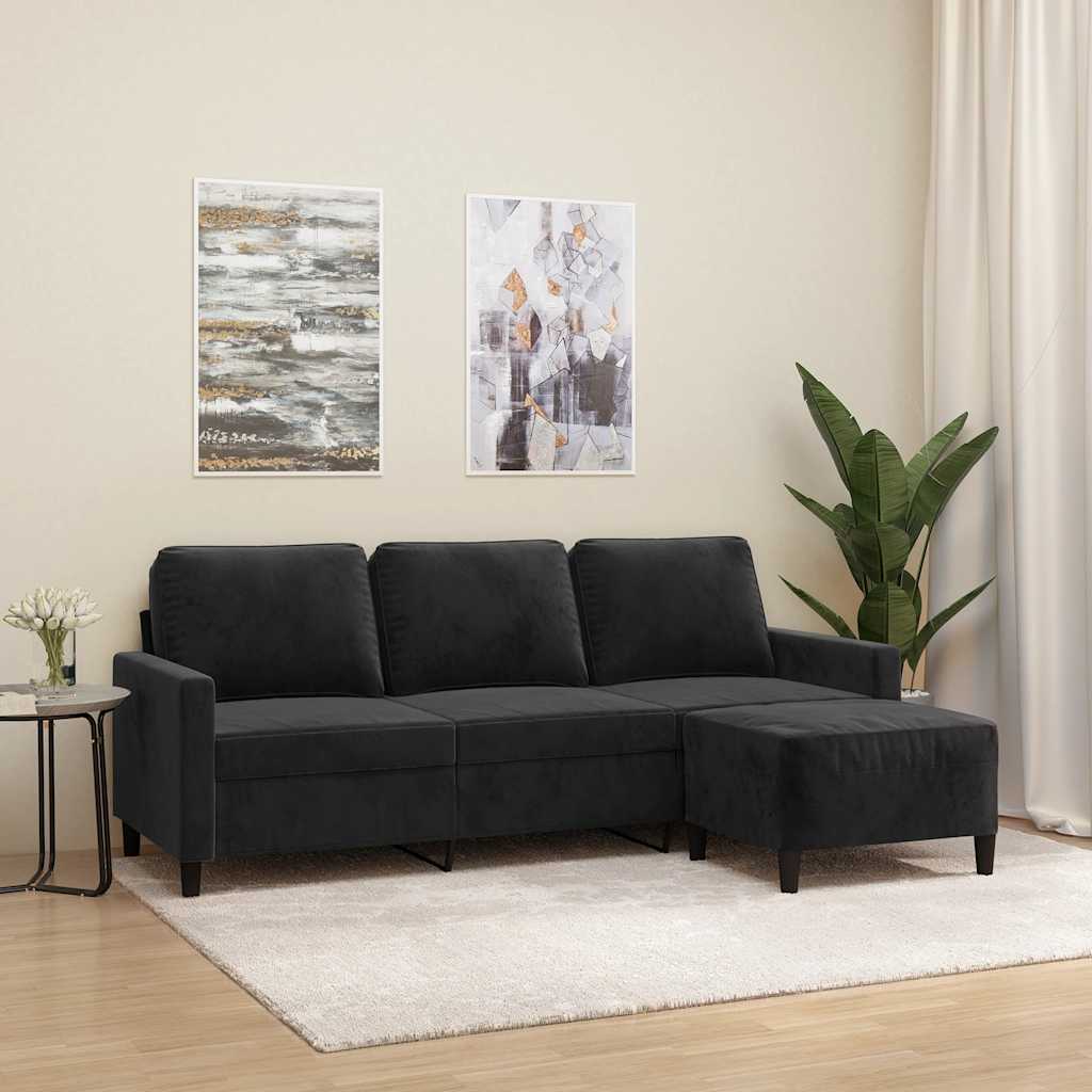 Vidaxl 3-Seater Sofa with Footstool, Black, 180 Cm, Velvet