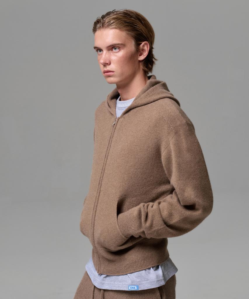 Era Men Cashmere Blend Zip Knit Hoodie - Neutral Brown