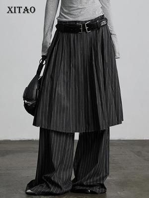 Stripe False Two Pieces Wide Leg Pants LJ1044