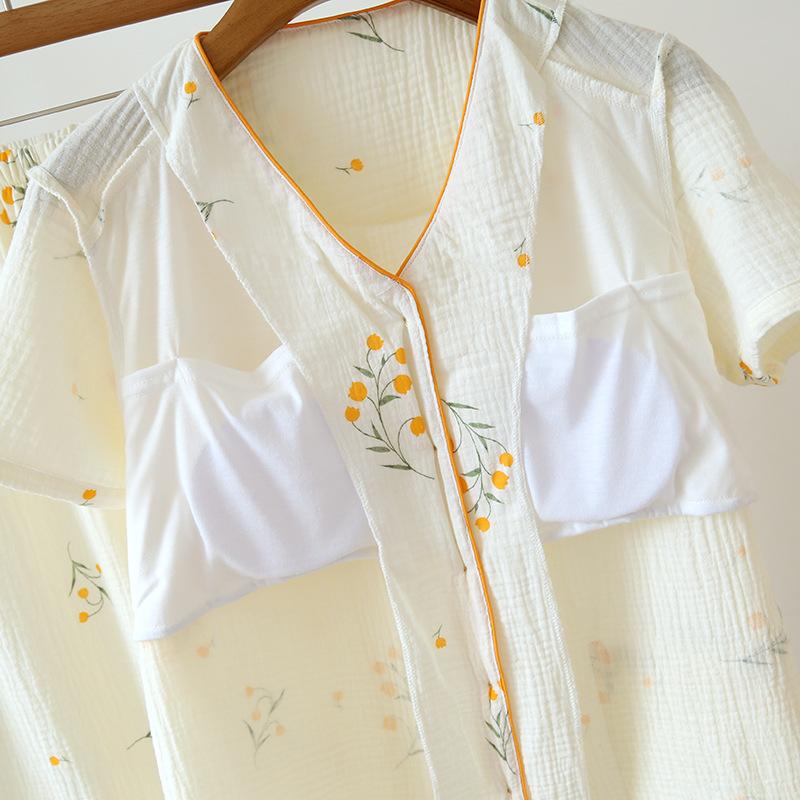 2026 New Women's Spring/Summer Pajama Set 100% Cotton Crepe Short Sleeve Pants with Chest Mat Two Piece Set Large Home Clothes