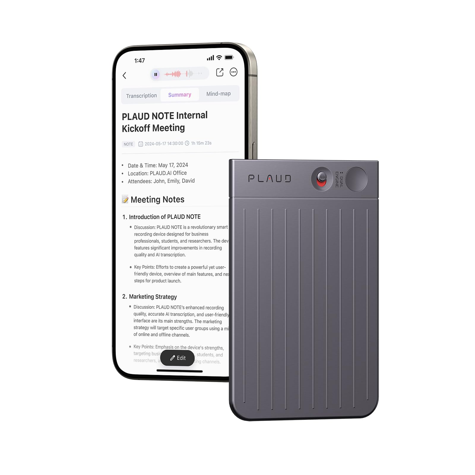 

PLAUD NOTE AI Voice Recorder with App Transcription 57 64GB Audio Recorder for and Black Control, ChatGPT-Powered & Summarization, Languages, Calls,