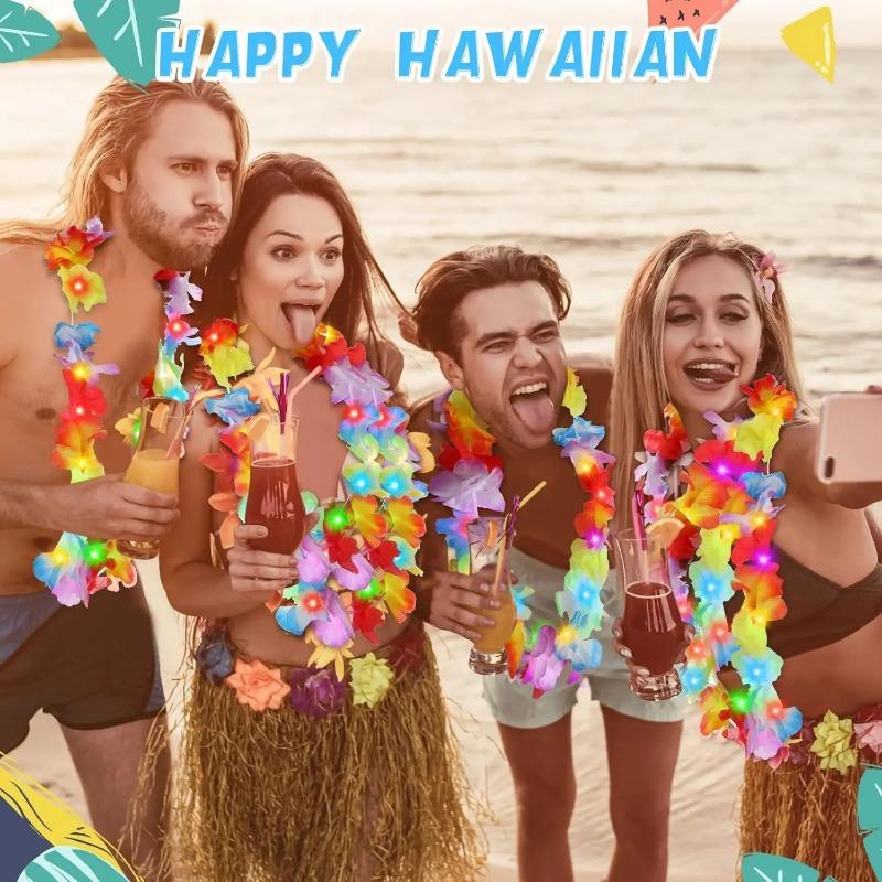 10Pcs LED Hawaiian Leis Light up Flower Leis Necklace Luau Flowers Wreath Garlands Beach Wedding Tropical Themed Party Supplies