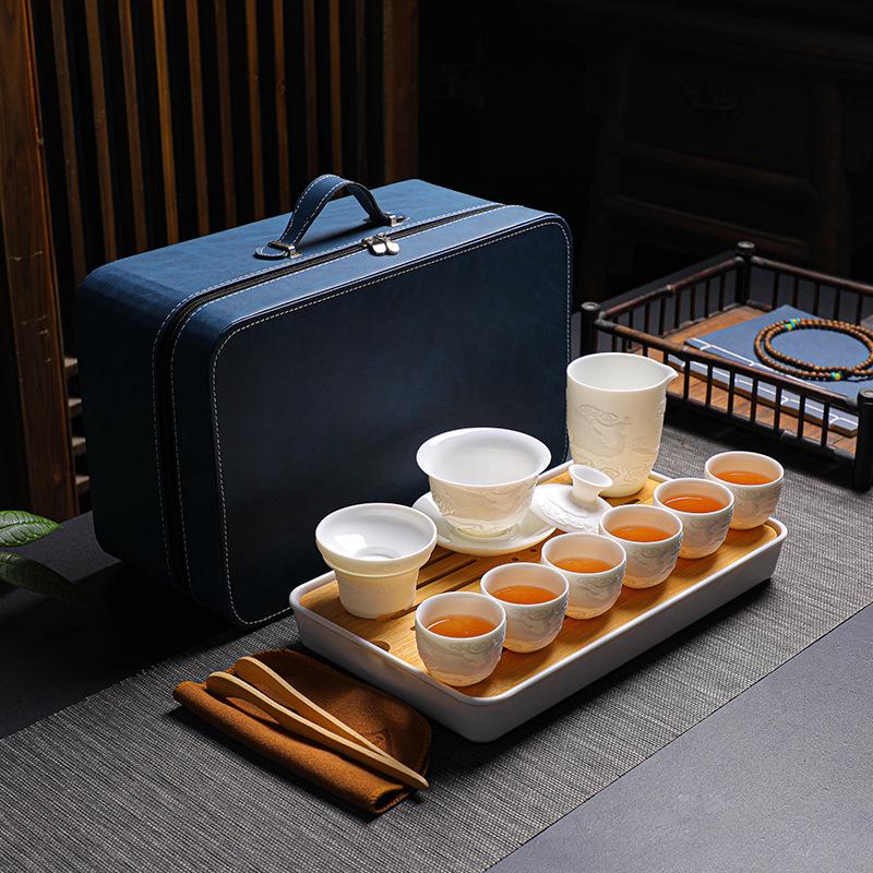 Embossed Suet Jade Ceramic Simple Tea Set Gift Box with Tea Tray Business Gift
