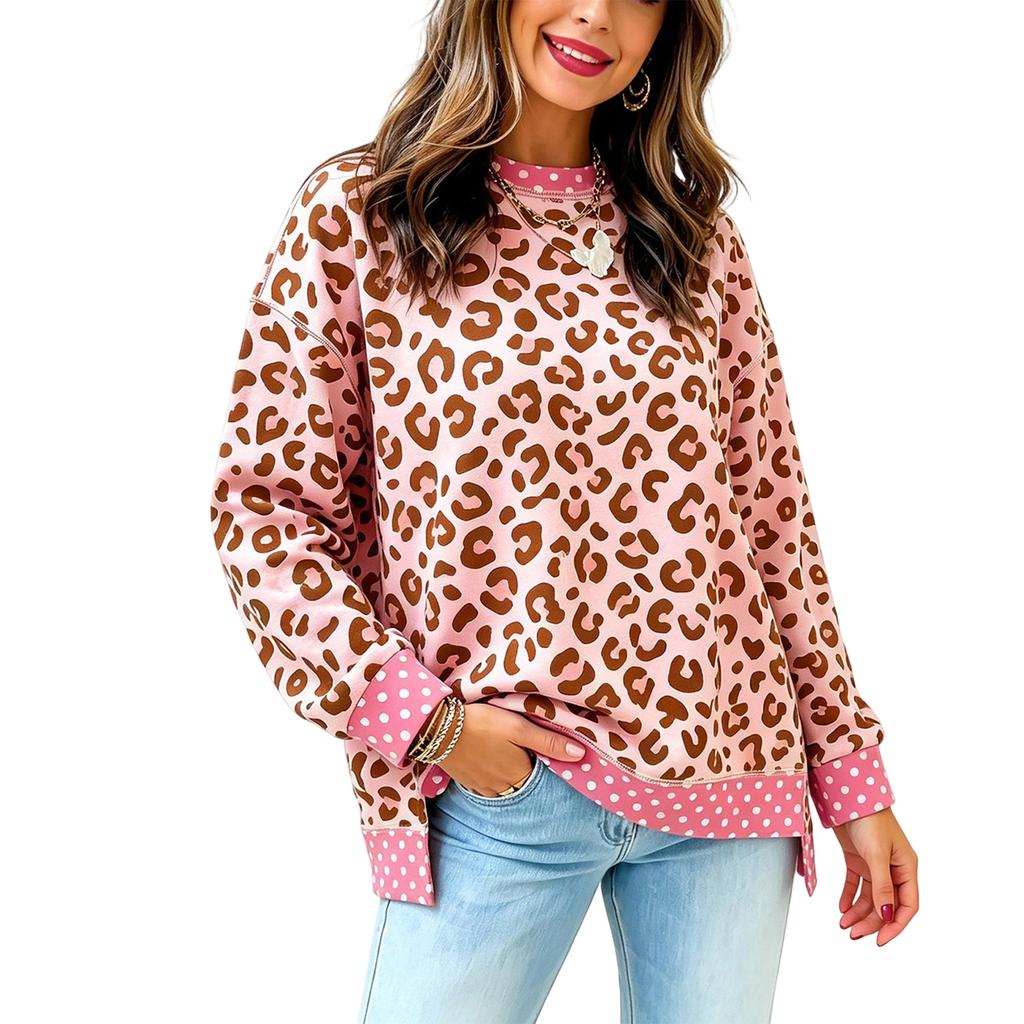 Women's Loose Fit Neck Sweatshirt with Leopard Print and Polka Dot Color Block for Fall
