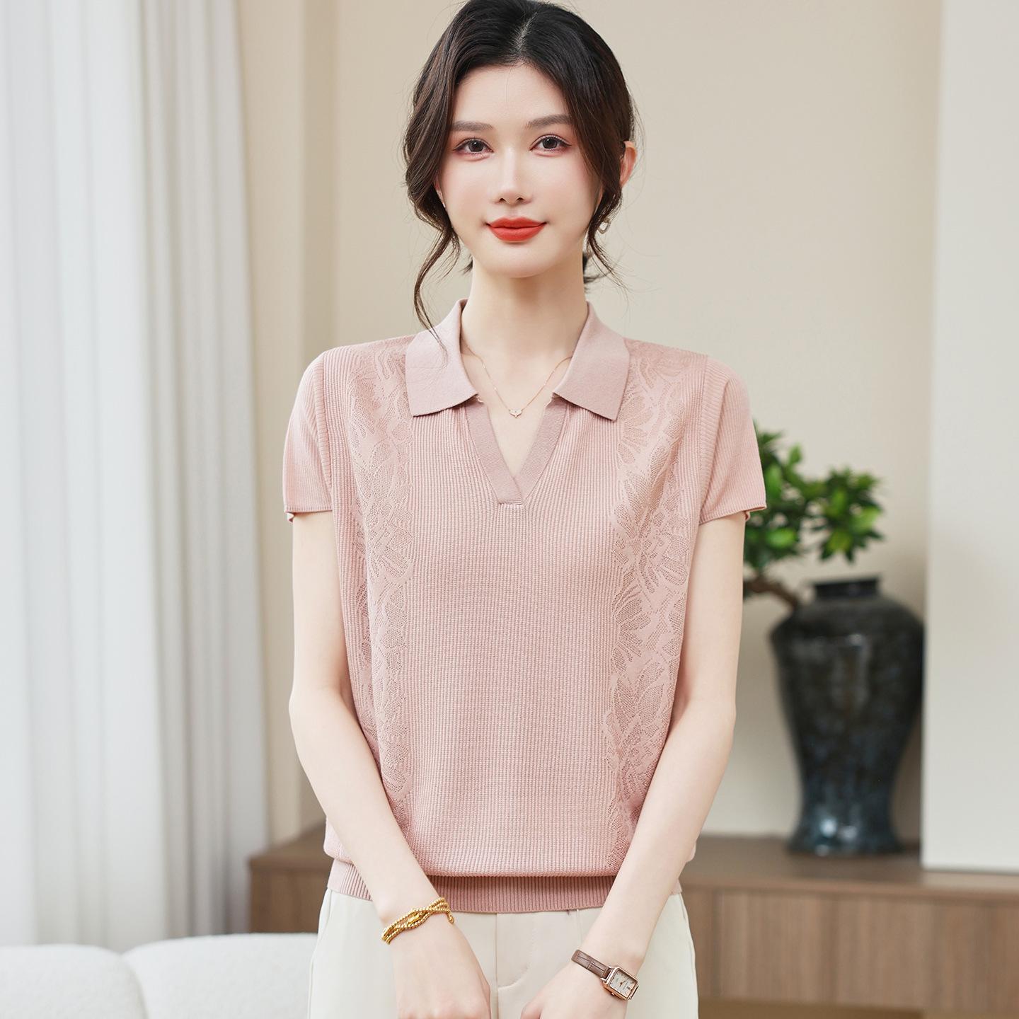 

Mom s Summer Lapel Loose Knit Ice Silk Top - Elegant, Age-Reducing, Short-Sleeved T-Shirt for Middle-Aged Women 2XL (110-120 lbs) розовый