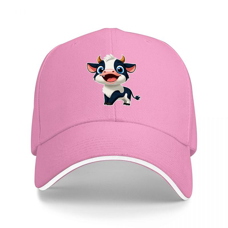 Cute Cow Cartoon Character Baseball Cap Black Adjustable Hat for Adults Fashionable Animal Design Unisex Streetwear Accessory