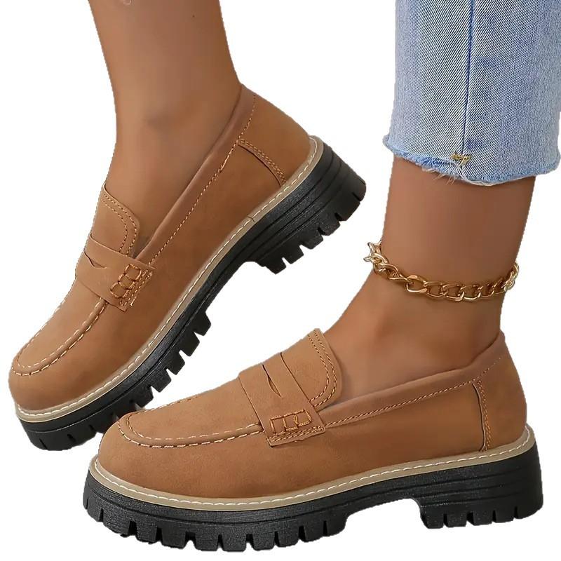 Fashion Spring Brown Flats Shoes Women Elegant Platform Loafers Woman Thick Sole Shoes For Women Slip On Leather Shoes Ladies Shoe