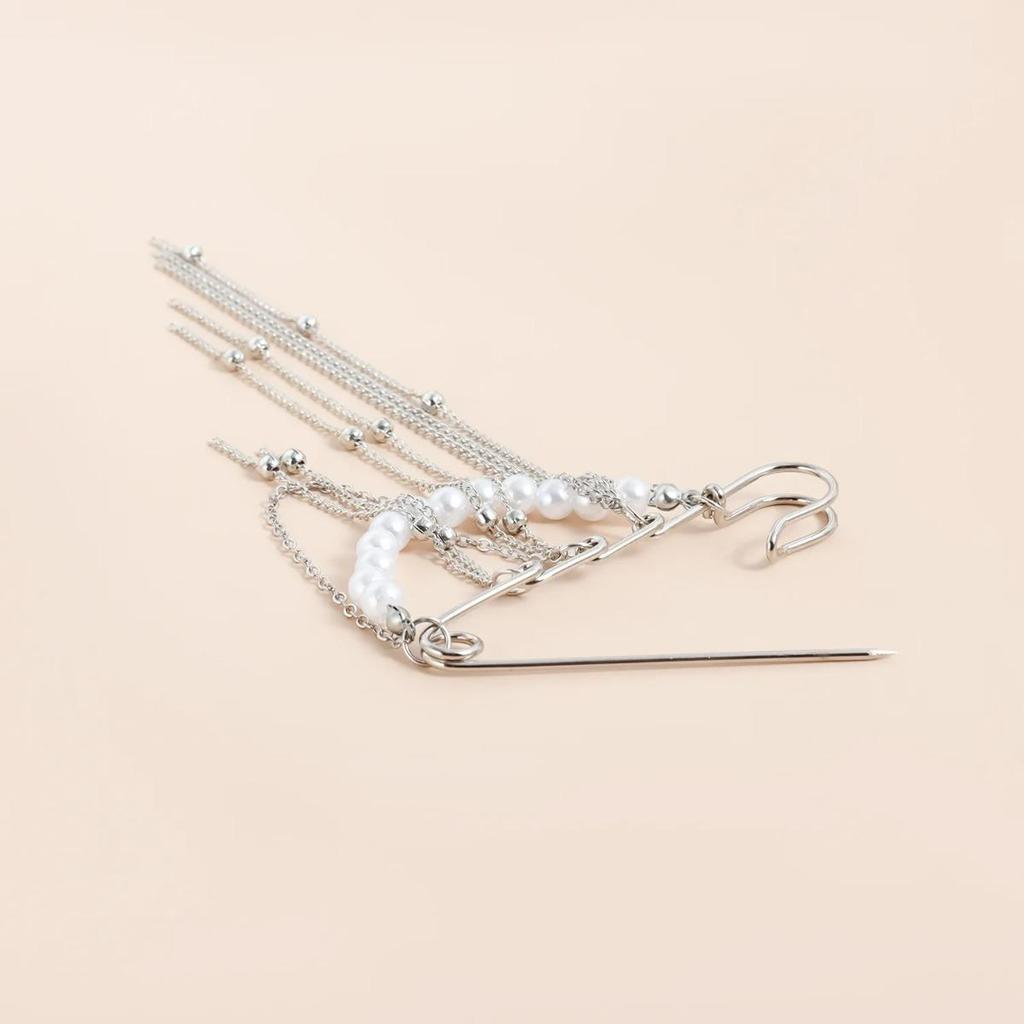 Fashion Exaggerated Imitation Pearl Fringed Chain Brooch Retro Design Suit Pin Pendant Fixed Pin Party Jewelry Accessories Gifts