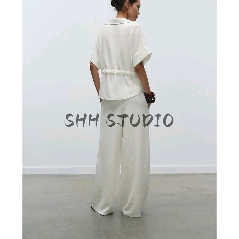 Spring and Summer Crepe Comfortable Short Sleeve Lapel Shirts 2273957 High Waist Wide Leg Casual Trousers 2116957