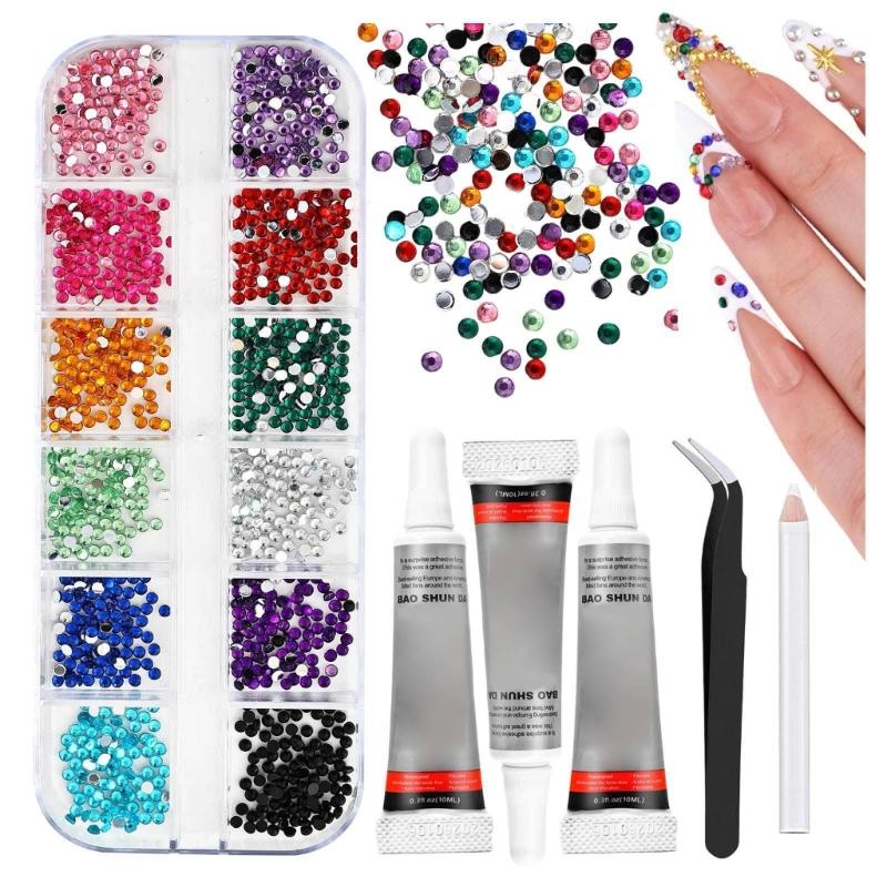 12 Color Transparent Nail Art Rhinestones Kit With 6 Shapes For DIY Manicure Includes Tweezers And 3 Glues