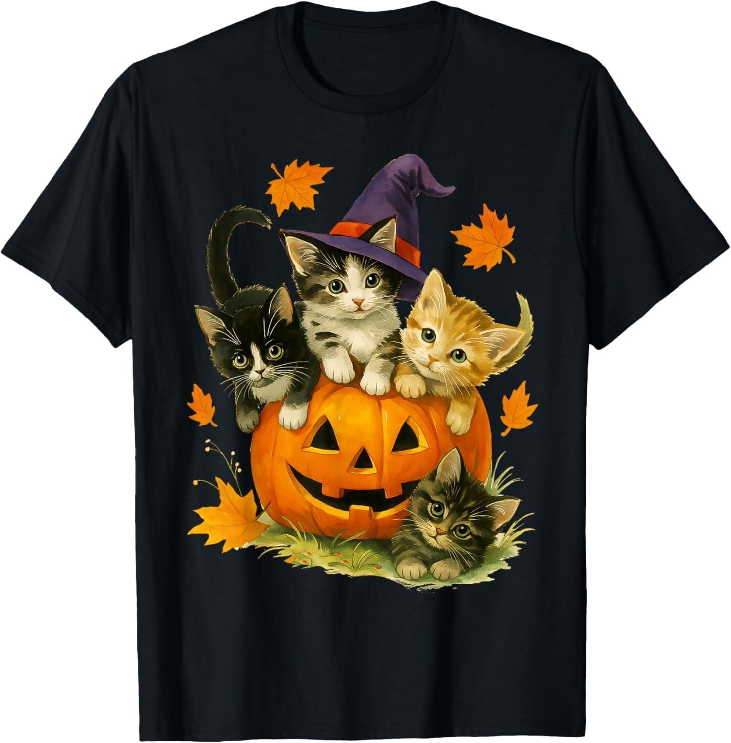 Cute Cat Pumpkin Halloween Spooky Season Vintage T-Shirt Mens Womens Tees Top unisex T-Shirt Mens Womens Tees Top 2XL