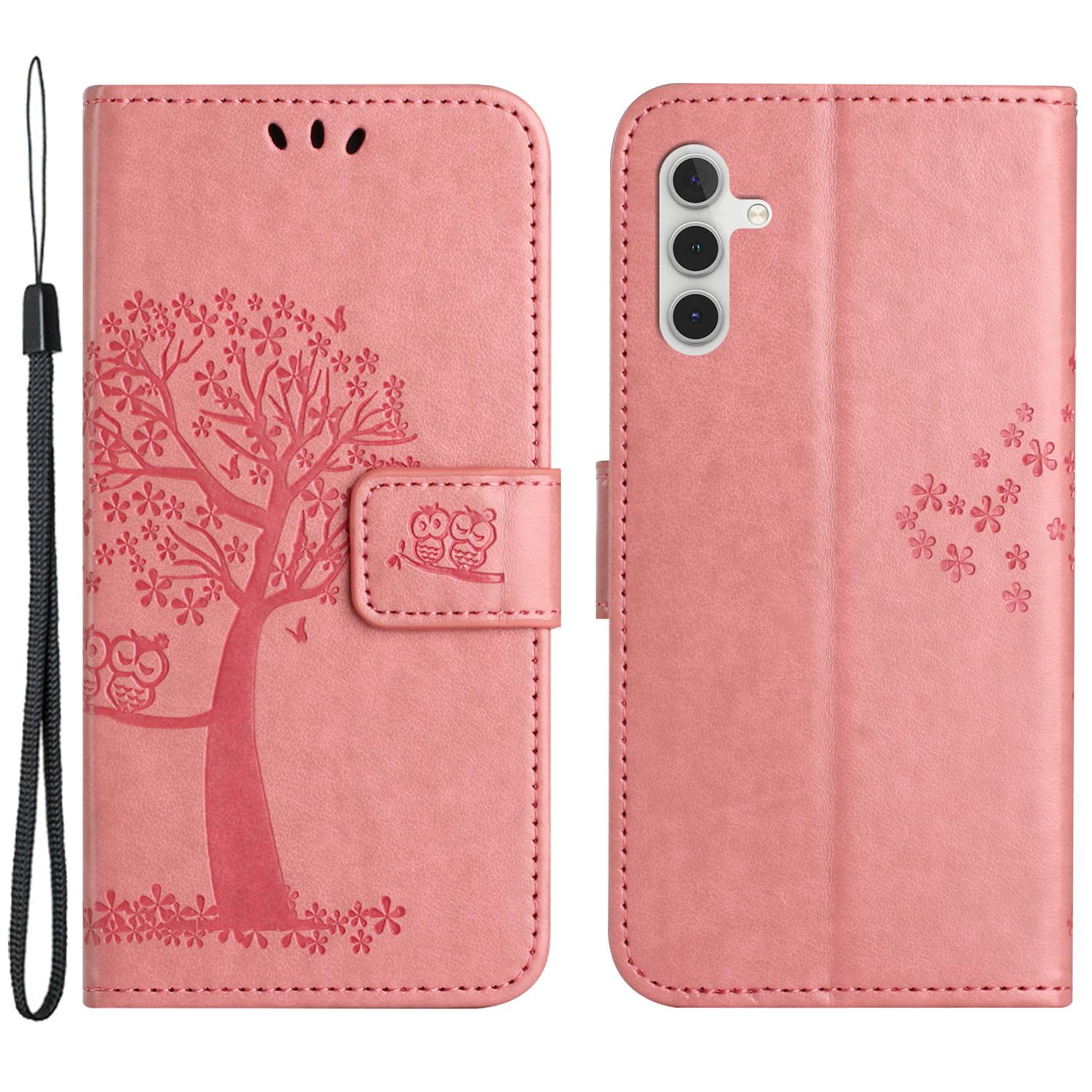 

For Samsung Galaxy A55 5G Case Imprint Tree Owl Pattern Leather Phone Cover Pink
