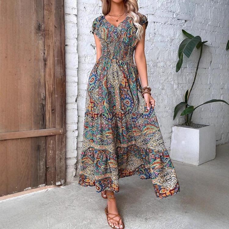Bohemian Floral Maxi Dress for Women European American Holiday Style with Waist Accent