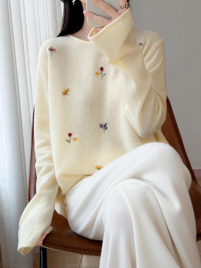 Women's Autumn Winter White Wool Sweater with Colorful Floral Embroidery - Loose Fit, Slimming, Round Neck Knitwear