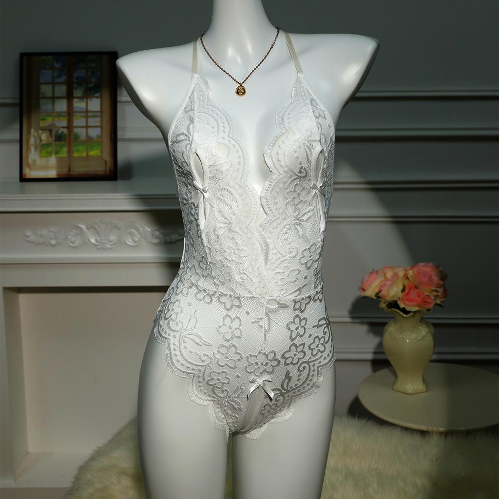 Sexy Crotchless Red Lingerie Women Lace Hollow Bodysuit Transparent Erotic Pajamas Deep V Open Bra Porn Underwear Sets Nightwear