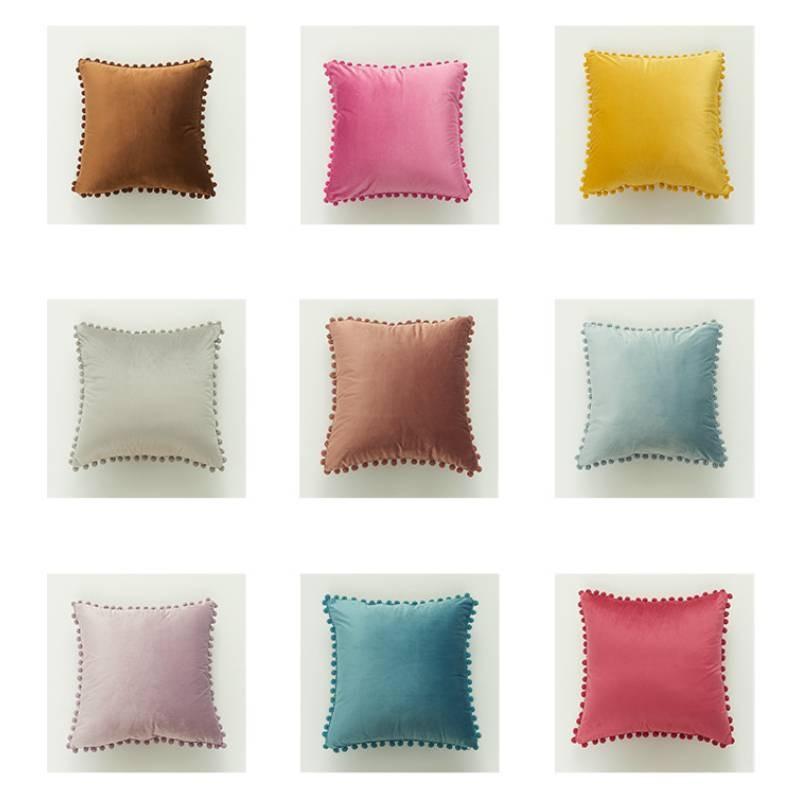 Velvet Solid Dutch Color Pillow Cases Pompom Edging Cushion Cover Living Room