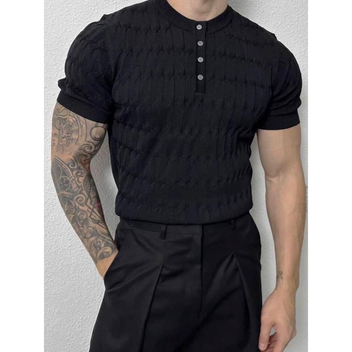 

Мужской летний трикотажный свитер хенли с коротким рукавом - Ажурная вязка, Приталенный крой, Повседневная футболка для бизнеса Large чёрный