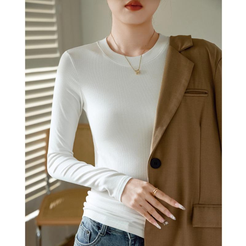 Women High Elastic Ribbed Crew Neck Long Sleeve Slim Fit Base T Shirt Top