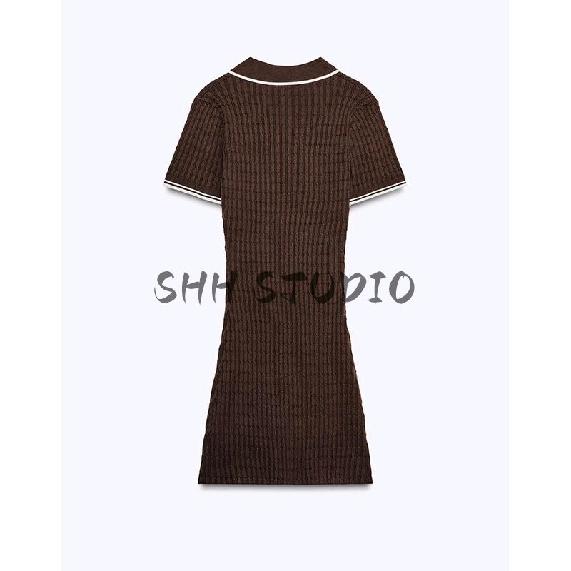 Spring Women Clothes Korean Style Contrast Color Trim Short Sleeve Polo Shirt Collar Knitted Mini Dress 0014001