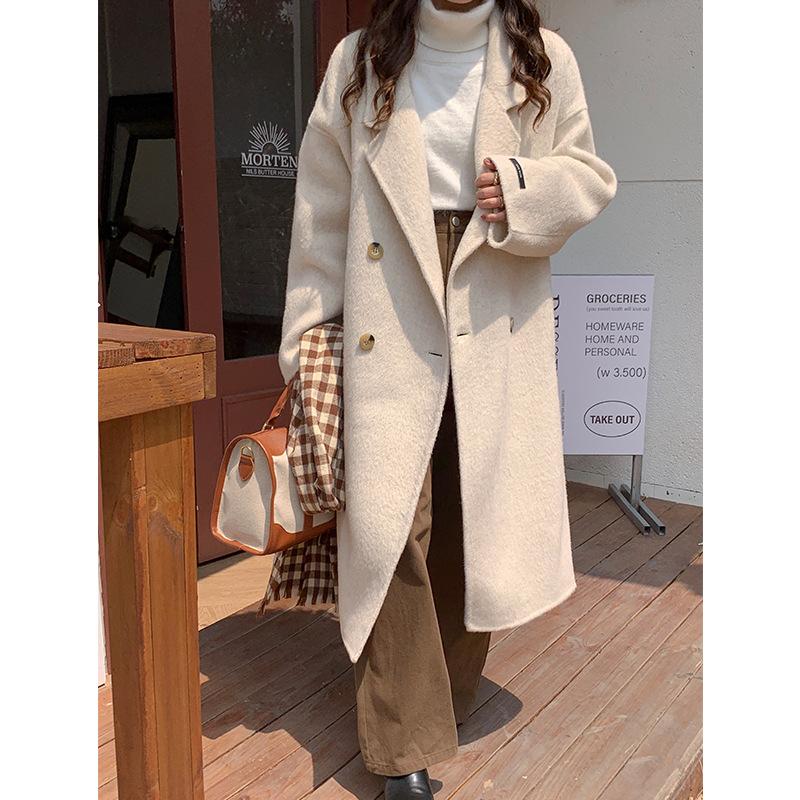 Q576 Albaka camel wool double-sided hand-sewn coat women, long-haired suit collar double-breasted woolen coat