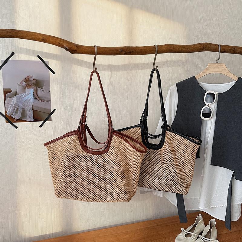 Straw Woven Tote Bag For Women Koreanstyle Large Capacity Beach Shoulder Bag With Pu Leather Trim Casual Commute Soft Handbag
