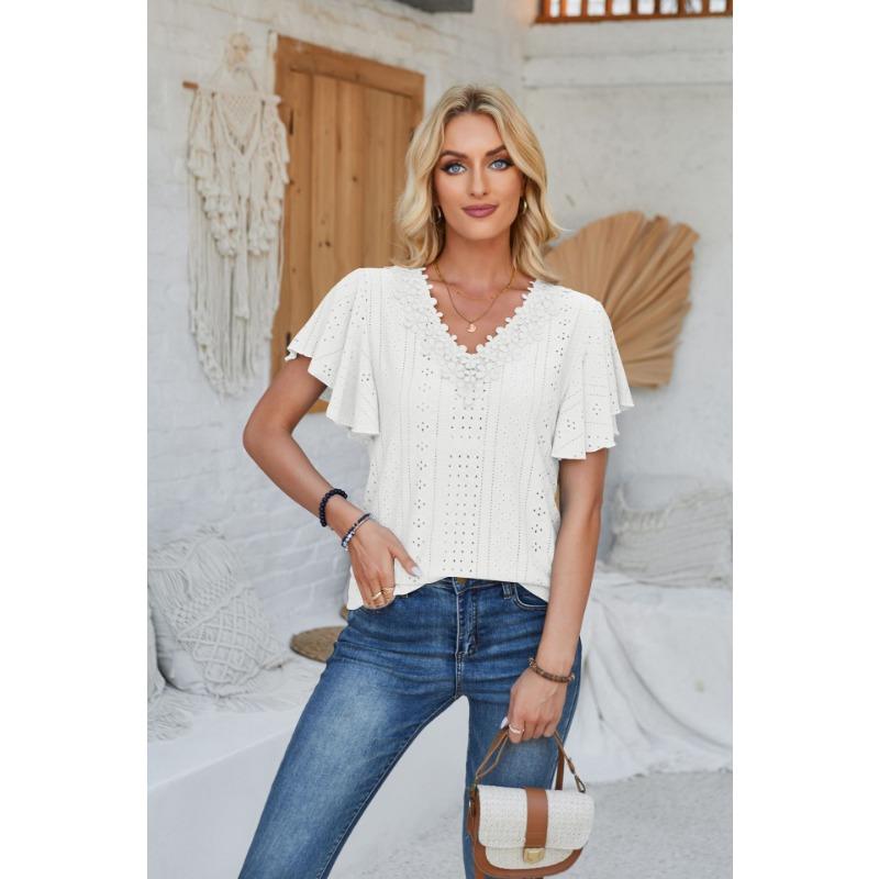 Women's Spring and Summer New Products, Lace V-neck, Ruffled Sleeves, Solid Color Loose T-shirt