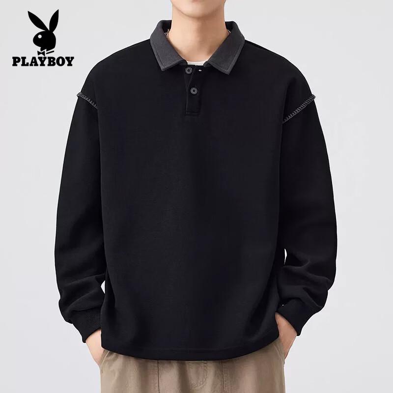 PLAYBOY Men's Long Sleeve Polo Neck Pullover Sweatshirt
