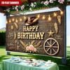 1pc Rustic Western Style Birthday Banner with Vintage Cowboy Hat Fairy Lights Wooden Wagon Wheels Bouquet with Pink Roses - B