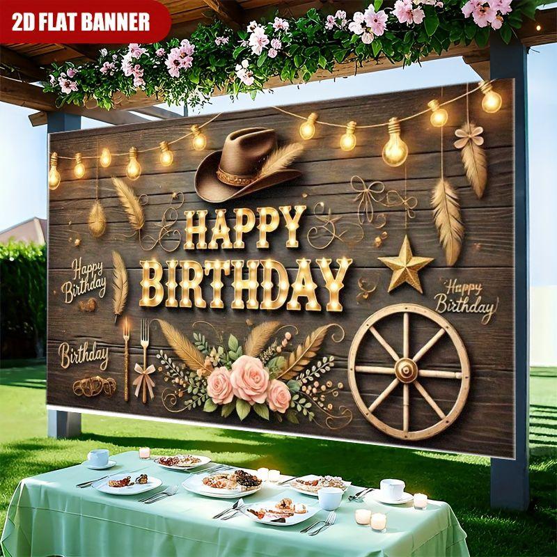 1pc Rustic Western Style Birthday Banner with Vintage Cowboy Hat Fairy Lights Wooden Wagon Wheels Bouquet with Pink Roses - B