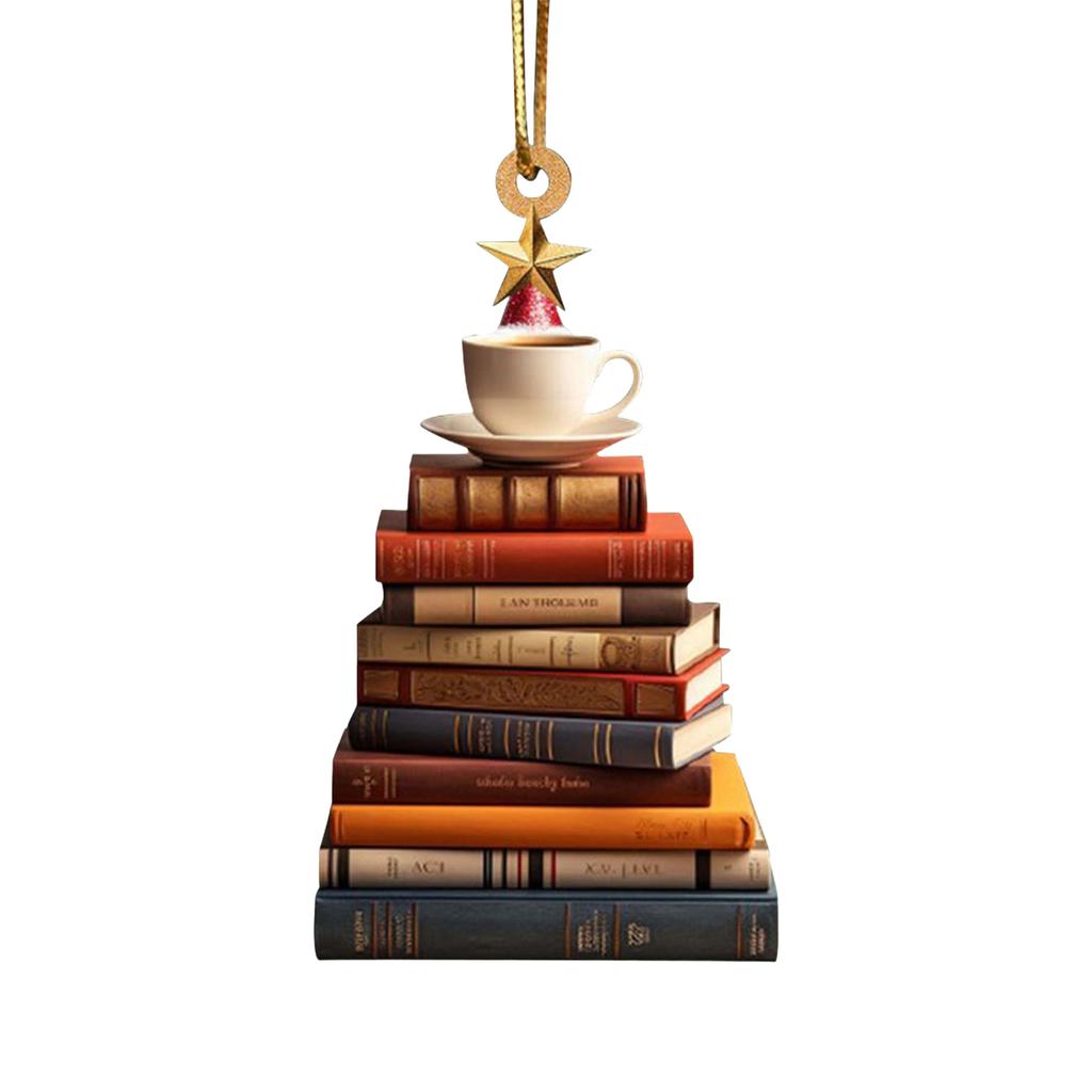Acrylic Cartoon Book Shelf Christmas Tree Car Rearview Mirror Hangings Pendant Decorative Book Lovers Ornament