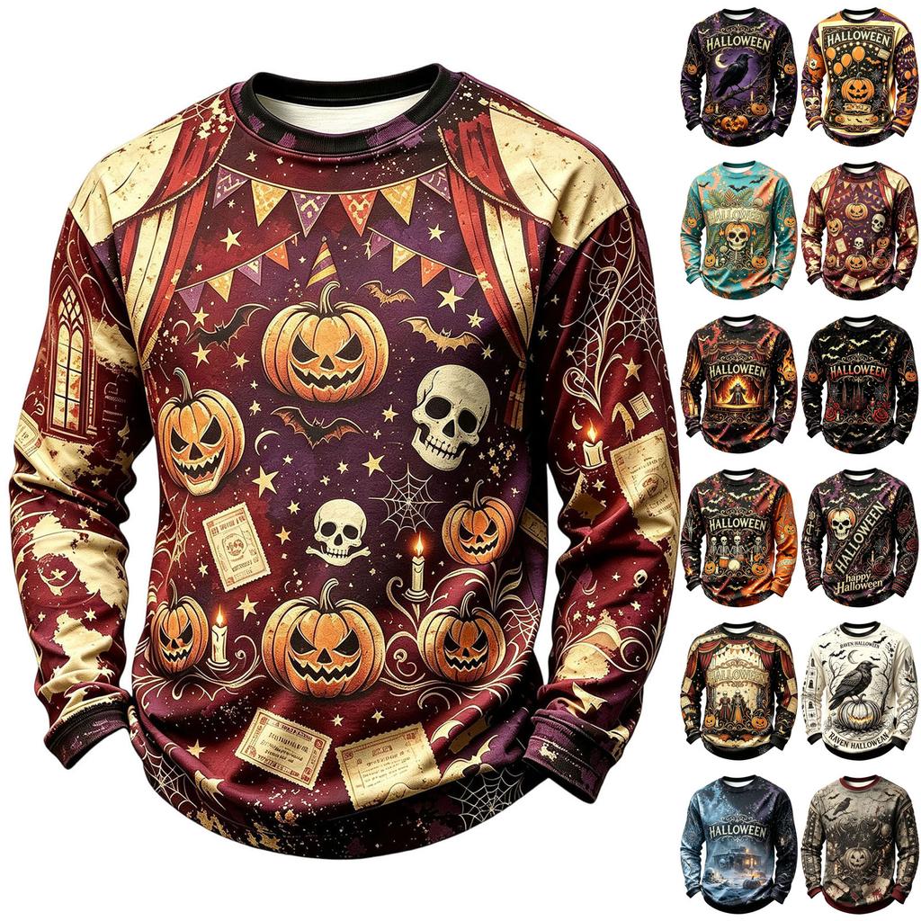 Men's Casual Long Sleeve Crewneck Knit Shirt with Halloween Print