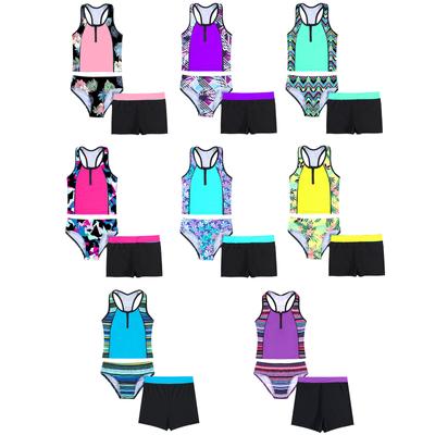 Kids Girls Floral Printing Tops with Shorts Bottoms 3 Pieces Tankini Set Swimsuit Bathing Suit