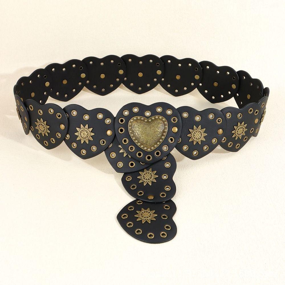 Y2k Cowgirl Waist Belt Wide Side PU Leather Waistbands Love Heart Patchwork Waist  Jeans Decor