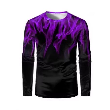 Fashion multi-color flame print men's long-sleeved T-shirt personality funny T-shirt retro street loose trend T-shirt