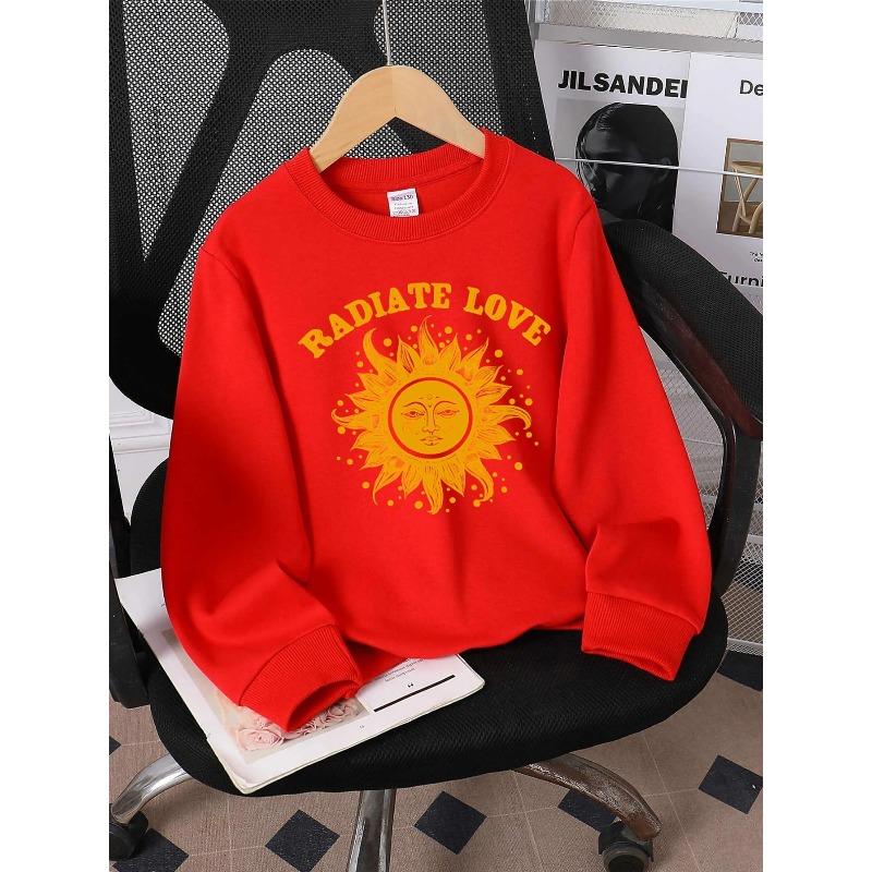 Girls' Crewneck Sweatshirt | Radiate Love Sun Face Design, Cute Print, Soft Casual, Easy-Care, Regular Fit