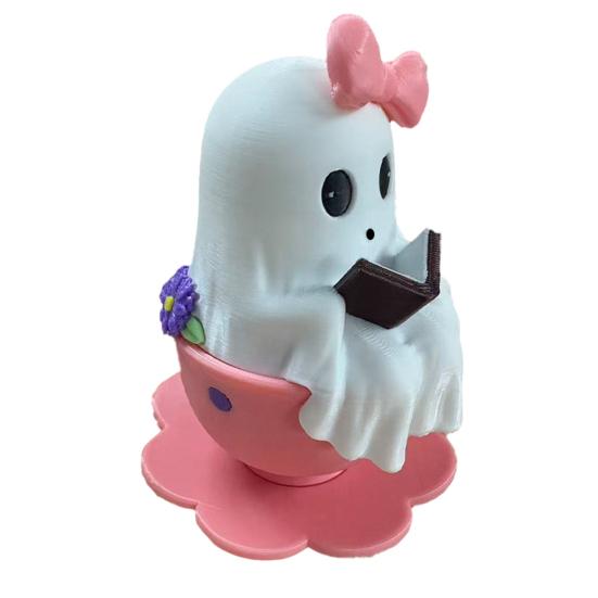 1/2Pcs Halloween Reading Ghost Figurine Pink Teacup Ghost Statue Resin Sculpture Home Office Holiday Party Desktop Decoration Ornament