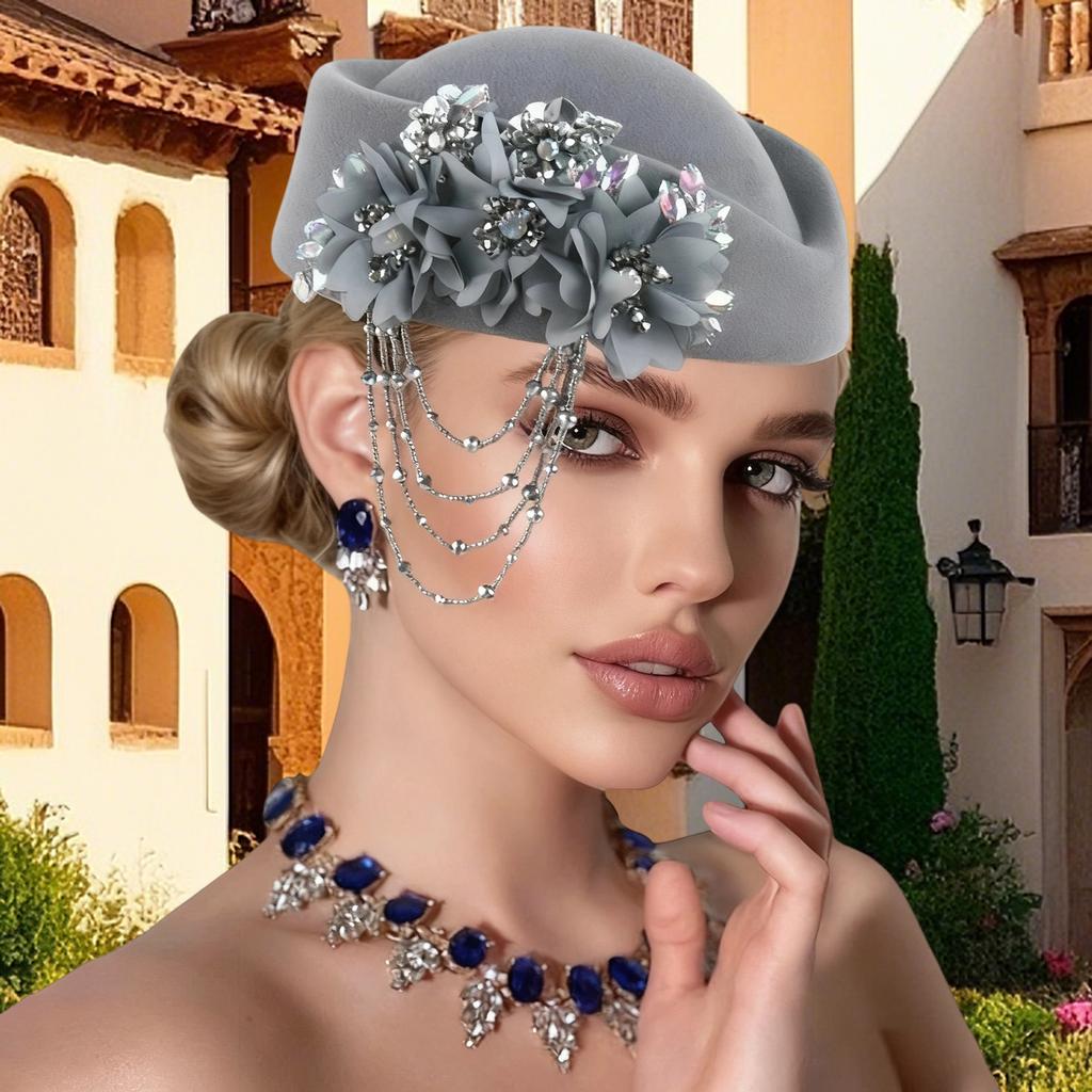 Retro British Hat for Women 3D Floral Rhinestone Decorated Beret Cap Cosplay Costume Accessories