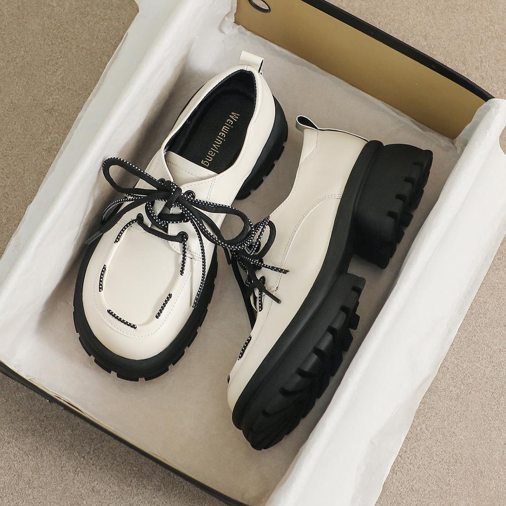 Thick Sole Loafers Women's College Style Retro Lace Up Small Leather Shoes Soft Sole Single Shoe Round Toe Platform Shoes Women