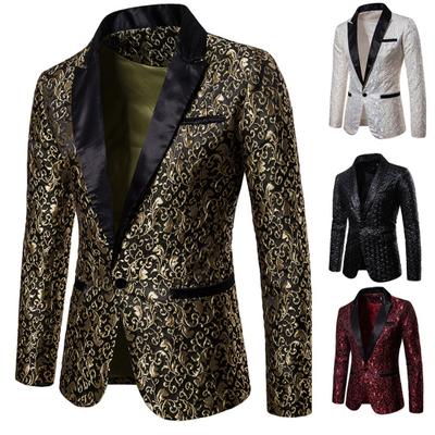 Men Blazer Jacquard Single Button Autumn Winter Pockets Lapel Suit Coat Wedding