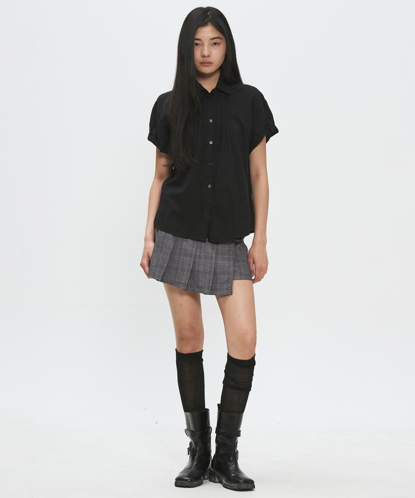 Place Studio Eyelet Point Tab Strap Pleated Layered Mini Skirt _2 Colors