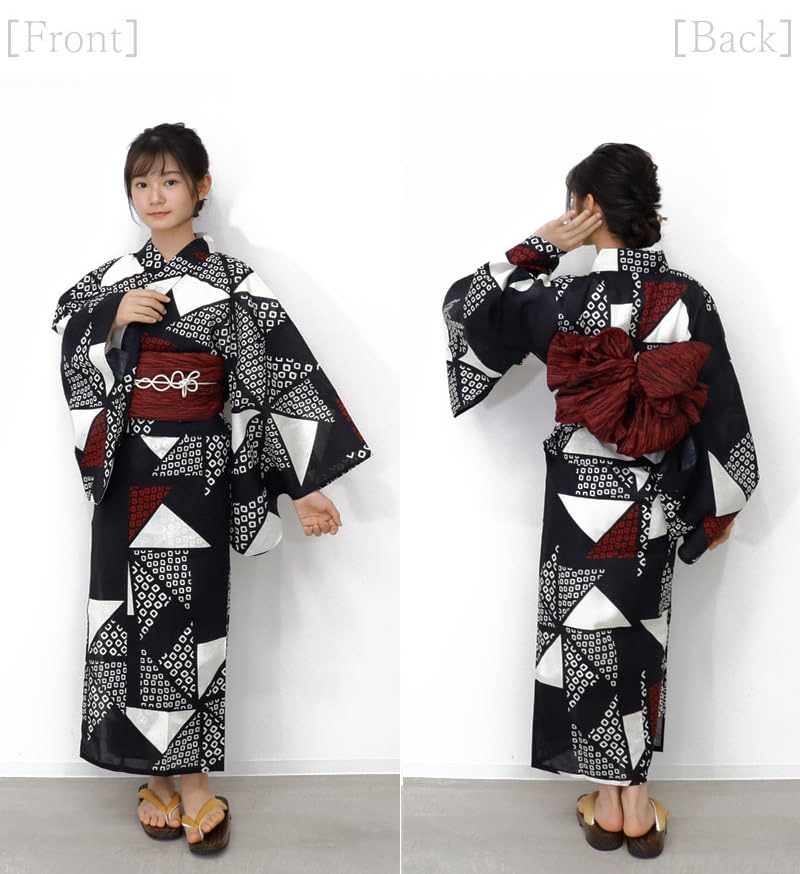 Kimono Hiroba Yu Junior Yukata Set for Sizes and Retro and Modern Kids' 4-Piece Girls, 120, 130, 140, 150cm, Style, [L-8] (150cm)