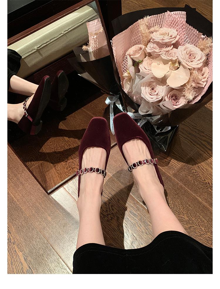 Sheepskin version~ French square head shallow mouth temperament rhinestone word with Mary Jane shoes women's suede low heel flat sole single shoes