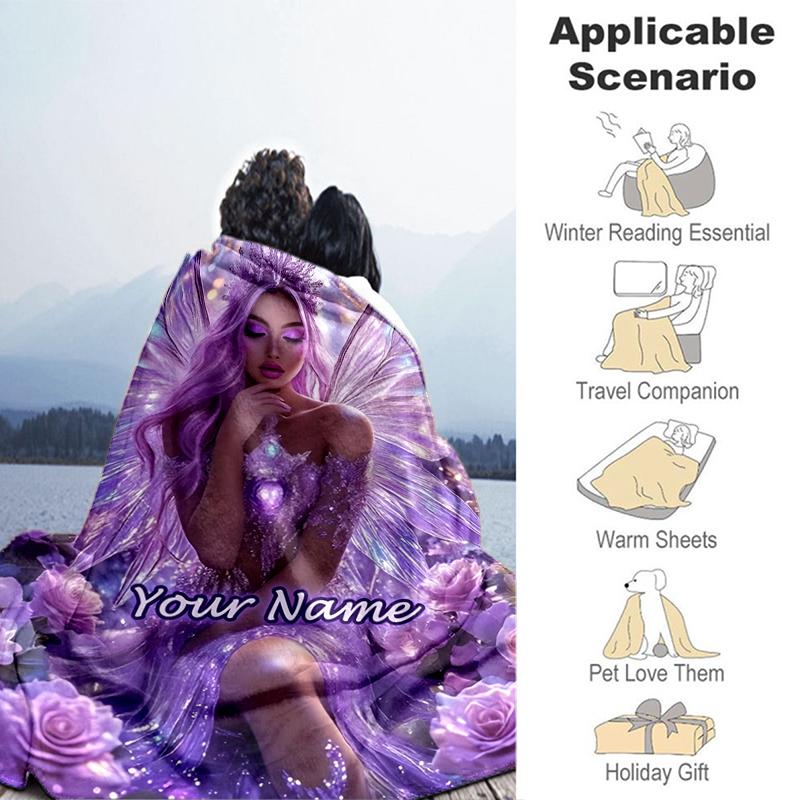 1PC Custom Name Purple Fairy Fantasy flannel blanket versatile,all-season throw suitable for the living room,bedroom,camping,travel,and gift
