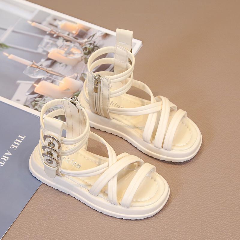 Girls Summer Gladiator Sandals with Side Zippers Metal Buckles Deco Cool Fashion 2024 Summer Brand New Kids Beach Shoes High-top