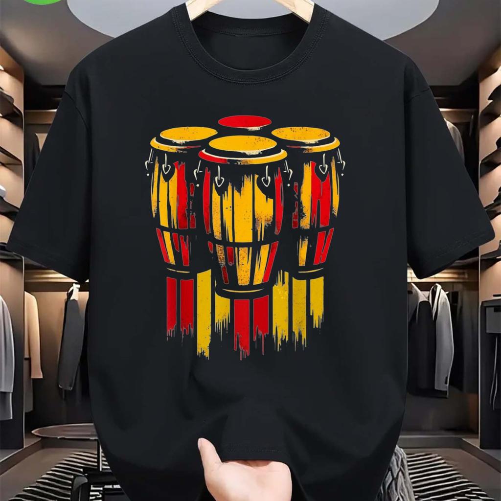 Pánské zářivé tričko s grafikou bongos Bavlna Krátký rukáv Kulatý výstřih Tričko s uměleckým designem bubnů Pánské oblečení Pohodlné
