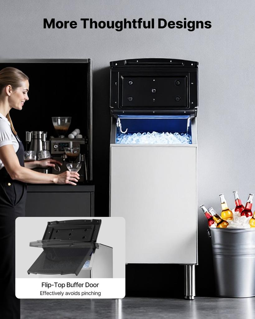 Commercial Ice Maker Storage Bin, 136 KG Capacity Ice-Bin, Stainless Steel Commercial Ice Storage Bin with Adjustable Anti-slip Rubber Feet, Suitable