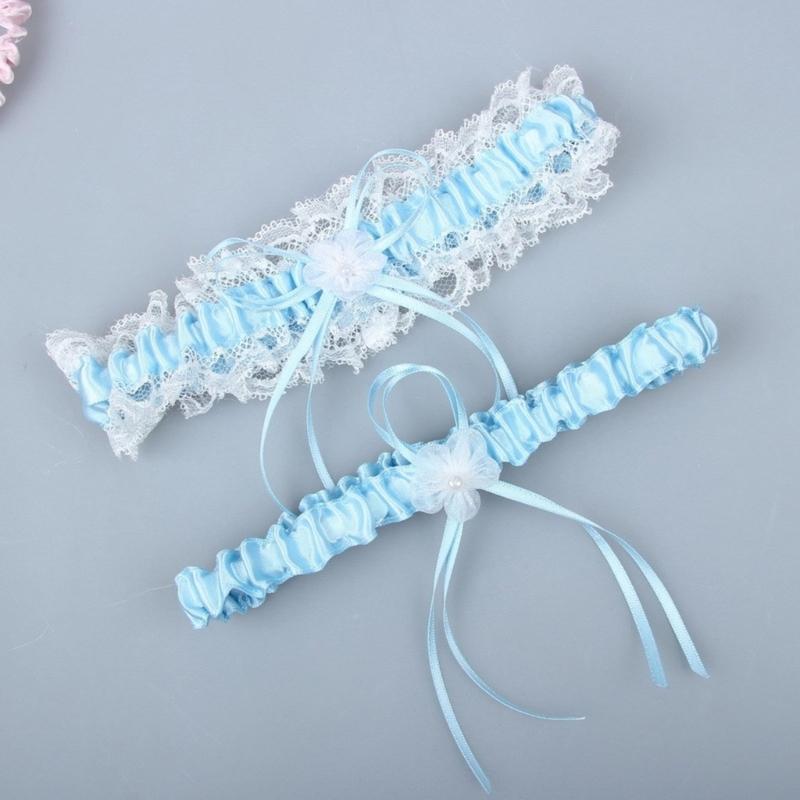 2Pcs Trimmed Lace Bowknot Bridal Garters Set for Engagement Party Accessory Gift