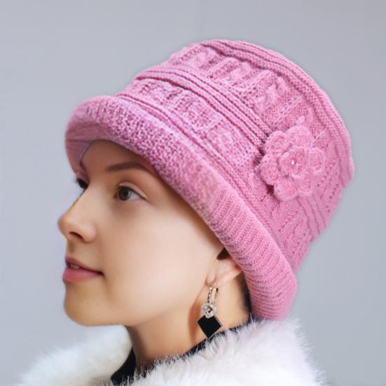 Women Thicken Knitted Hat Flower Crochet Bucket Hat for Elderly Women Winter Warm Fisherman Hat for Outdoor Activities