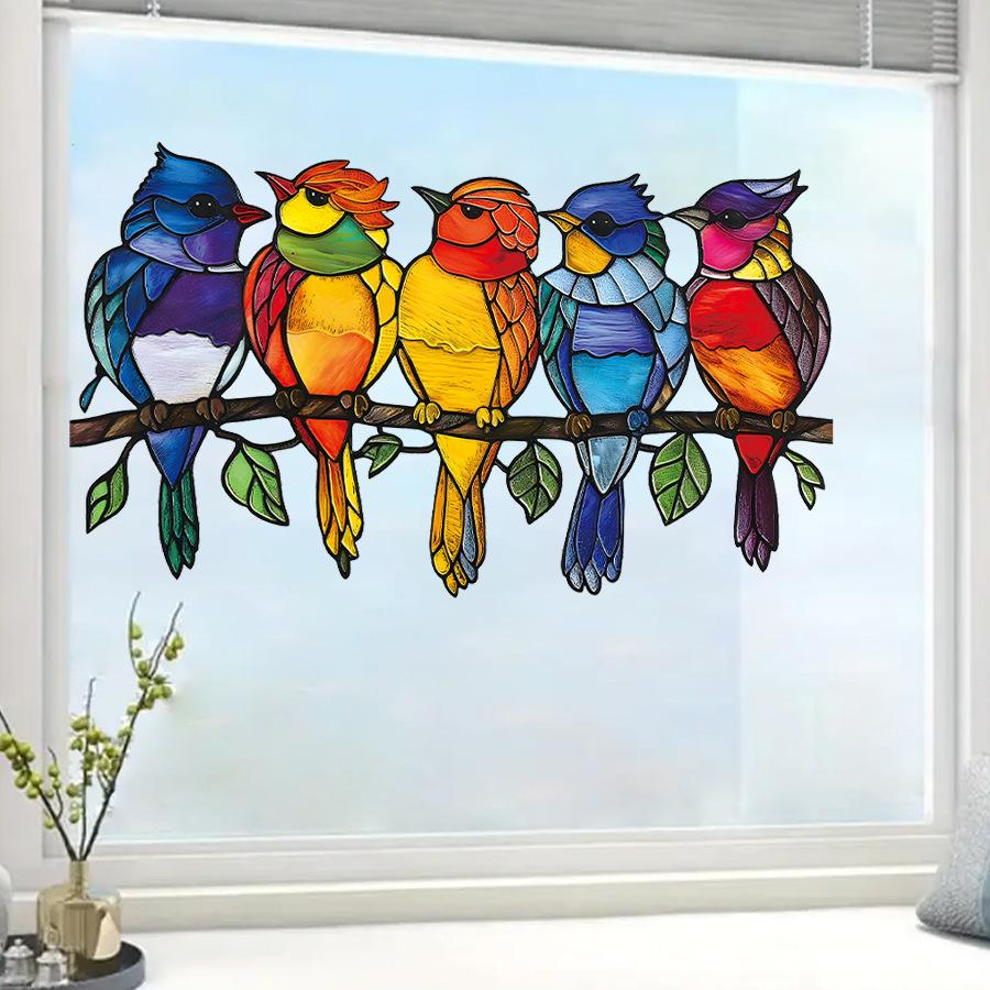Vintage Mosaic Painted Woodpecker Window Stickers, Self-Adhesive Decals for Storefront Home Glass Decoration