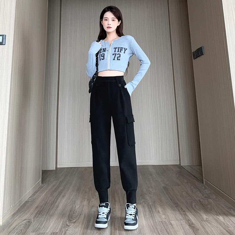 

Overalls women s new autumn and winter high-waisted tied feet Harlan sweatpants coffee-colored thickened woolen windproof pants M чёрный